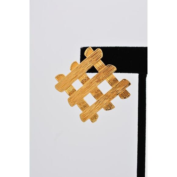 Vintage Dangle Weaved Earrings Brushed Shiny Gold Textured Chunky 1980s BinAY - Picture 6 of 12